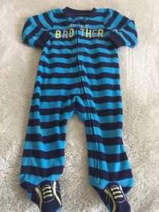 Child Of Mine Boys Blue Striped LITTLE BROTHER Long Fleece Pajamas 6-9 Months - Picture 1 of 8