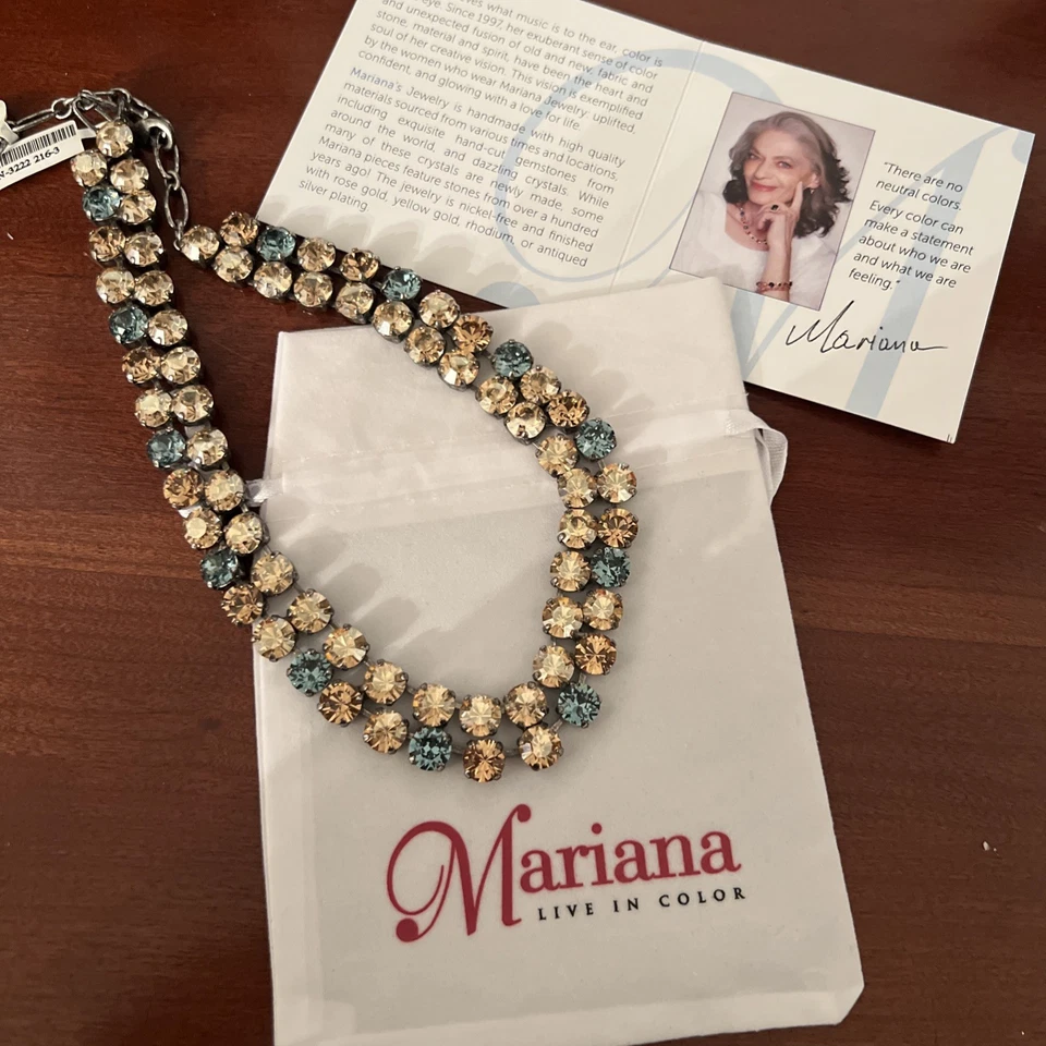 Collar Mariana Swarovski Cristal Doble Fila Dorado y Azul Firmado Nuevo Con Etiquetas Ajustable Foto 1 de 4