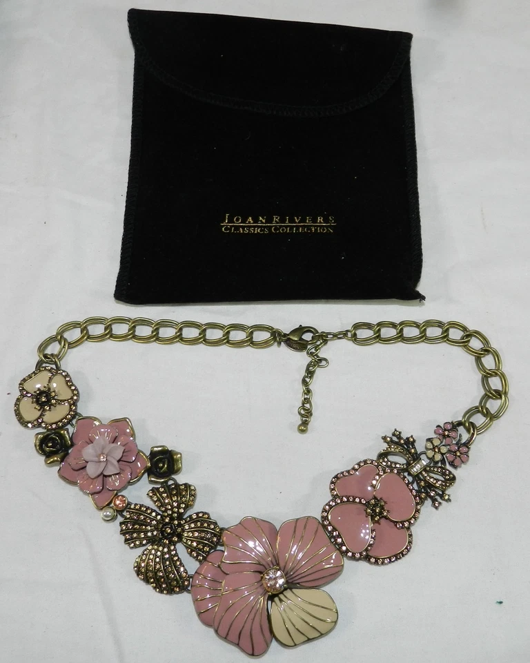 New w/ Pouch - Joan Rivers Pink Enamel Floral necklace - 18.5" to 21.5" - Image 1 of 4