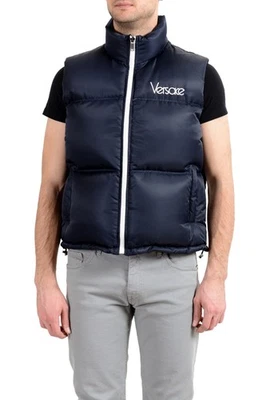 Versace Men's Blue Down Logo Full Zip Sleeveless Parka Vest sz S M - Image 1 of 4