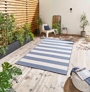 TAPPETO PATIO A RIGHE SANTA MONICA INTERNO ESTERNO 120X170 160X230 GIARDINO BLU/BEIGE - Foto 1 di 7