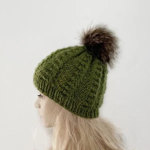 Green Beanie Hat with Brown Fur Pom Pom Wool Alpaca - Picture 1 of 3