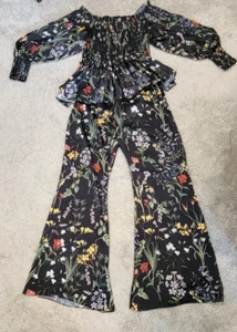 ALEXIS Elsa Black Floral Print Off the Shoulder Top and Matching Wide Leg Pants - Picture 1 of 9