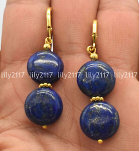 Natural Fashion Blue 14mm Coin Lapis Lazuli yellow Gold Hook Dangle Earrings AAA