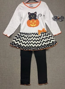 BNWT Ann Loren Halloween Black Cat In Pumpkin Dress Pants Set Girls Size 4/5 - Picture 1 of 8