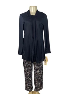 Muk Luks 3-teiliges schwarzes offenes Cardigan T-Shirt & Blumen Hose Lounge Set Gr. S - neu - Bild 1 von 19
