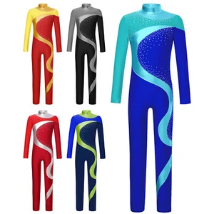 UK Girls Leotard Metallic Patchwork Romper Dance Jumpsuit Long Sleeve Catsuit - Picture 1 of 59