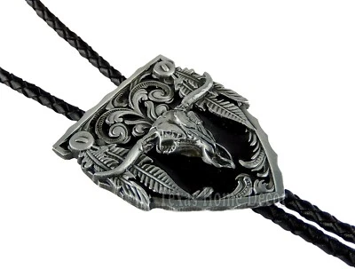 Corbata Longhorn Calavera Bolo 38" Cordón de Cuero Ajustable Incrustación Esmalte Plata Antigua Foto 1 de 4