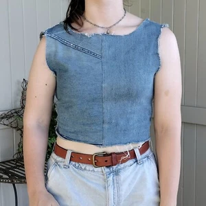 Womens Handmade Crop Top Denim Corset Reworked Upcycled Distressed Size 12 M - Bild 1 von 11