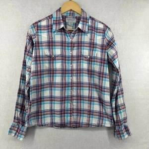 Wrangler  Blues Shirt Womens Medium Long Sleeve Pearl Snap Plaid Purple Blue Red - Picture 1 of 9