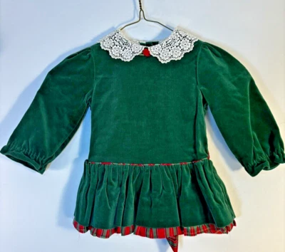Vintage Bryan Dress Size 2T Green Velvet Lace Collar Plaid Tie Waist Christmas - Image 1 of 4