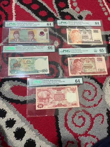 5 Lots Indonesia Banknotes 100, 100, 500, 1000, 100000 Rupiah - PMG Verified Cover