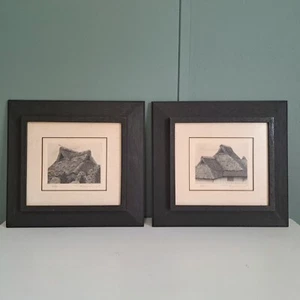 Pair Vintage Ryohei Tanaka Signed Framed Copperplate Etchings Thatched Roofs - Picture 1 of 15