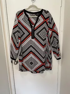 KATIES GEOMETRIC PATTERNED BLACK WHITE ORANGE LONG TUNIC TOP IN SIZE 20 WOMENS - Picture 1 of 8