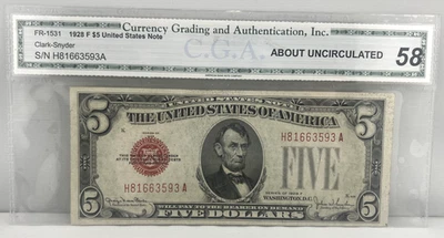 1928 F $5 Five Dollar United States Note CGA About Uncirculated 58 - Image 1 of 3
