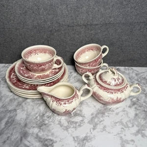 Villeroy & Boch Burgenland Creamer Sugar Bowl Tea Cup Plate Germany White Red - Picture 1 of 14