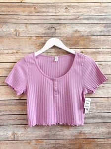BP Top Women’s Size Small Purple Pointelle Rib Crop Henley Short Sleeve NWT - Picture 1 of 4