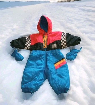 Vintage Weather Tamer Snowsuit w/ Mittens Boy's 12 Mo Red/Blue/Black Race Theme - Image 1 of 4