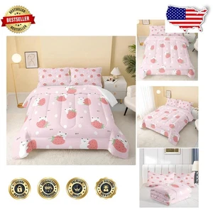 Encantador juego de cama rosa fresa Kawaii Bear - tamaño completo, lavable a máquina - Imagen 1 de 9