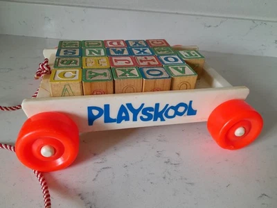 Vintage 1986 Playskool Wood Letter/ Num Blocks W/ Wagon Pull Toy On Wheels Rope - Image 1 of 4
