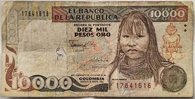 BANKNOTE COMMEMORATIVE 10000 PESOS GOLD 1992 COLOMBIA FINE EMBERA PICK# 437 - Image 1 of 4