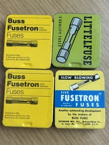 Lotto fusibili vintage Buss & Littelfuse - 4 lattine in metallo + fusibili in vetro MDL - soffiaggio lento - Foto 1 di 8