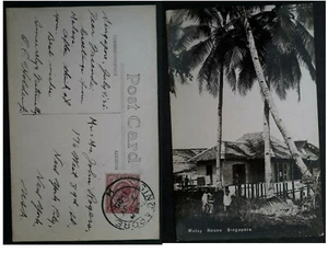 RARE 1925 Straits Settlements Postcard "Malay House Singapore" 6c stamp to USA - Picture 1 of 3