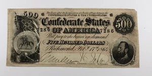 1864 $500 Confederate Bank Note. Seventh Issue. Missing Corner, Edge Tear. - Picture 1 of 3