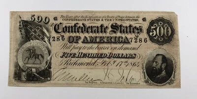 1864 $500 Confederate Bank Note. Seventh Issue. Missing Corner, Edge Tear. - Image 1 of 3