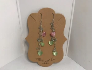 Pendientes colgantes de plata con cuentas de cristal verde, corazones rosas, longitud 2 1/2 - Imagen 1 de 3