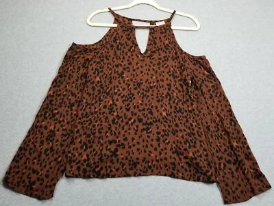 NEW Mossimo Top Women Medium Brown Black Leopard Print Long Sleeve Cold Shoulder - Image 1 of 4