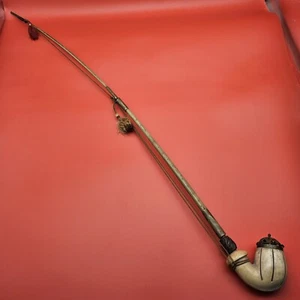 Rare 29.5" Very long Antique Camel Bone Pipe W Floral Brass Cap, Tassles - Picture 1 of 24