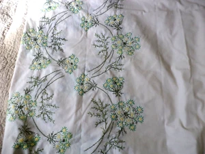 Vintage  Large Embroidered Tablecloth Ivory Green and Yellow - Picture 1 of 4