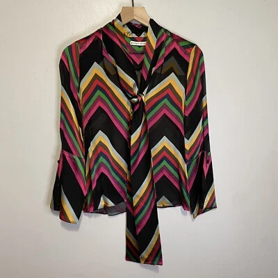 Alice + Olivia Women Size Small Merideth Chevron Pussybow Blouse Long Sleeve - Image 1 of 4
