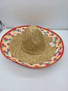 Multi-Color Adult Mexican 2 Sombrero RED & BLUE Boarder Straw Hat For Parties - Picture 1 of 7