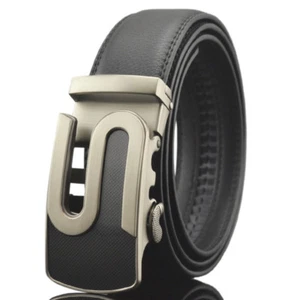 Mens Dress Belt Black Leather Adjustable Sliding Belts Automatic Ratchet Buckle - Picture 1 of 9