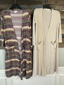 LOT Of 2 LuLaRoe Sarah Duster Cardigan Sweaters Long Beige & Multicolored - Picture 1 of 12