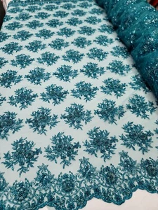 Türkis Perlen Spitze Braut Hochzeit Stoff Meterware überbackene Blumen Ballkleid - Bild 1 von 11