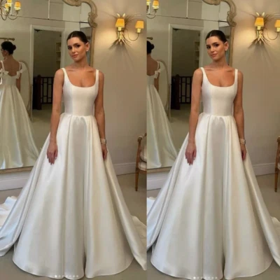 Elegant Square Neck Wedding Dresses Satin A Line Court Train Bridal Gowns - Image 1 of 4