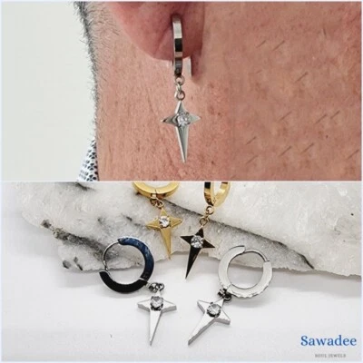 Orecchini a cerchio con croce pendente in acciaio e zircone punto luce centrale - Immagine 1 di 4