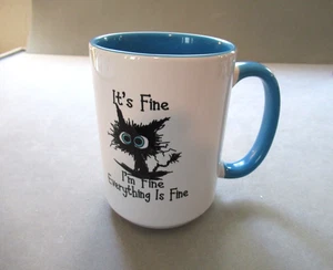 Taza It's Fine I'm Fine Everything is Fine Cat 12 oz azul y blanco - Imagen 1 de 6