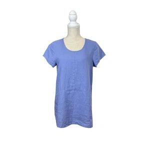 FLAX Tunic Blouse 100% Linen Blue Short Sleeve Scoop Neck Womans Sz XS Beachy - Picture 1 of 11