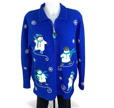 Vintage Quacker Factory Christmas Sweater Womens Large Blue Snowman Ice Skate - Image 1 of 4