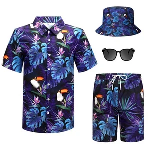 4 Pcs Men's Hawaiian Shirt and Short Set Beach Outfit Palm Print Halloween Tr... - Picture 1 of 7