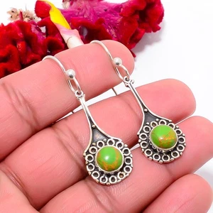 Copper Green Turquoise Oxidised 925 Sterling Silver Handmade Earring 1.95" Sku24 - Picture 1 of 4