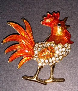 Rooster Enameled Clear Crystals Vintage Gold Pin Brooch New G1 SB7 - Picture 1 of 4