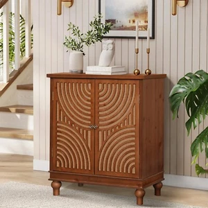 Accent Cabinet with Storage w/ Rattan Decor Doors Sideboard Cabinet for Hallway - Picture 1 of 11
