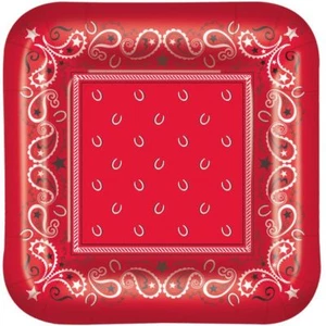 Western Red Bandana 7 Inch Square Paper Plates Red Tableware Party Supplies - Picture 1 of 1