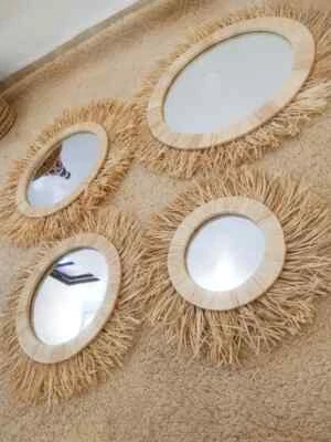 Natural Raffia Wall Mirror – Boho Style – RAFFIA CORD TURNED - Photo 1/4