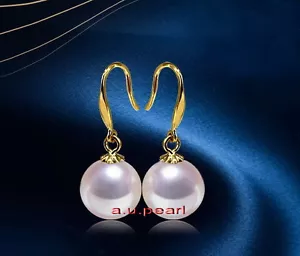 ORECCHINI PENDENTI TOP ORO 18K 11-12MM tondi veri NATURALI MARE DEL SUD PERLE bianche - Foto 1 di 6
